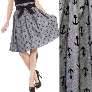 Sourpuss Heartbreaker Chambray Anchor Gypsy Skirt Belted Retro Pin Up Gray Sz M